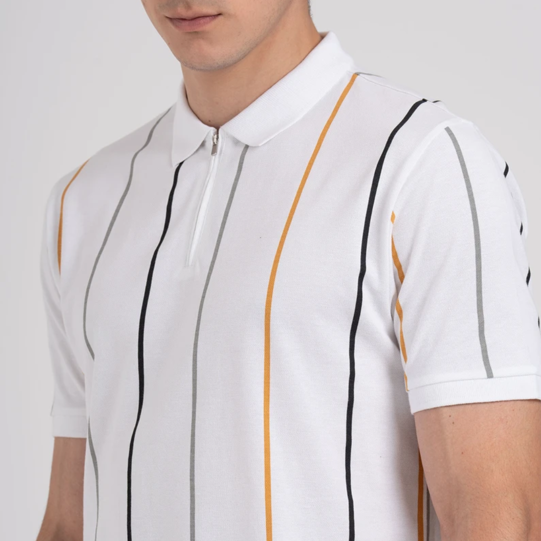 Men Striped Polo Neck Pure Cotton White T-Shirt